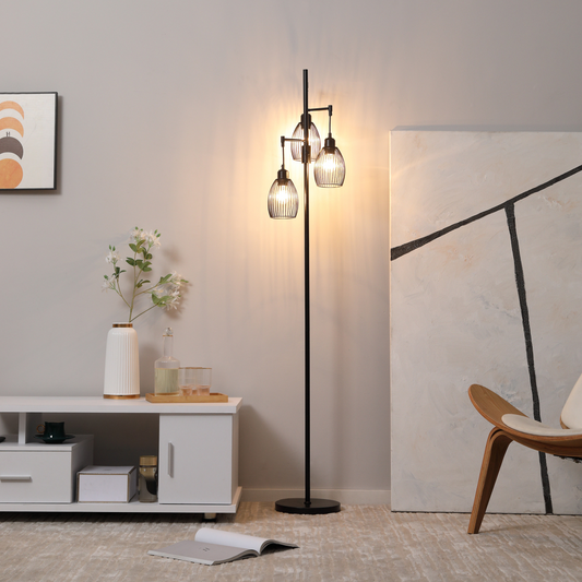 HOMCOM Industrial 3-Light Dimmable Floor Lamp Black 2