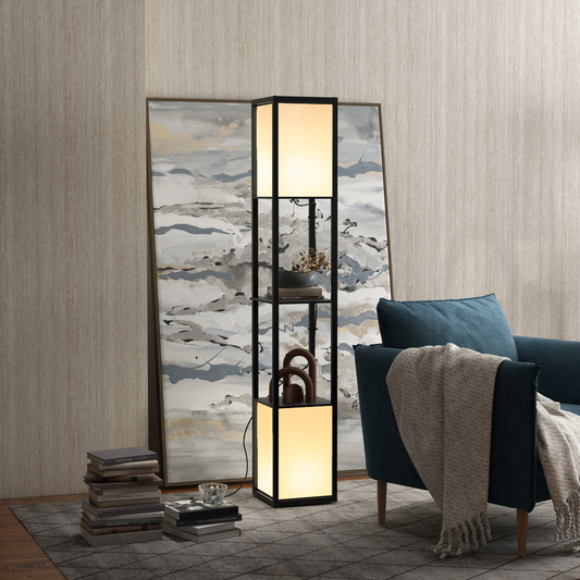 Shelf Floor Lamp with Dual Light & Fabric Shade, 156cm, Black