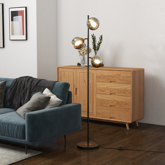 Modern 3-Light Floor Lamp with Glass Globe Shades, 160cm, Black & Gold