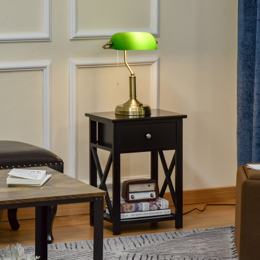 Banker's Table Lamp with Antique Bronze Base & Green Glass Shade