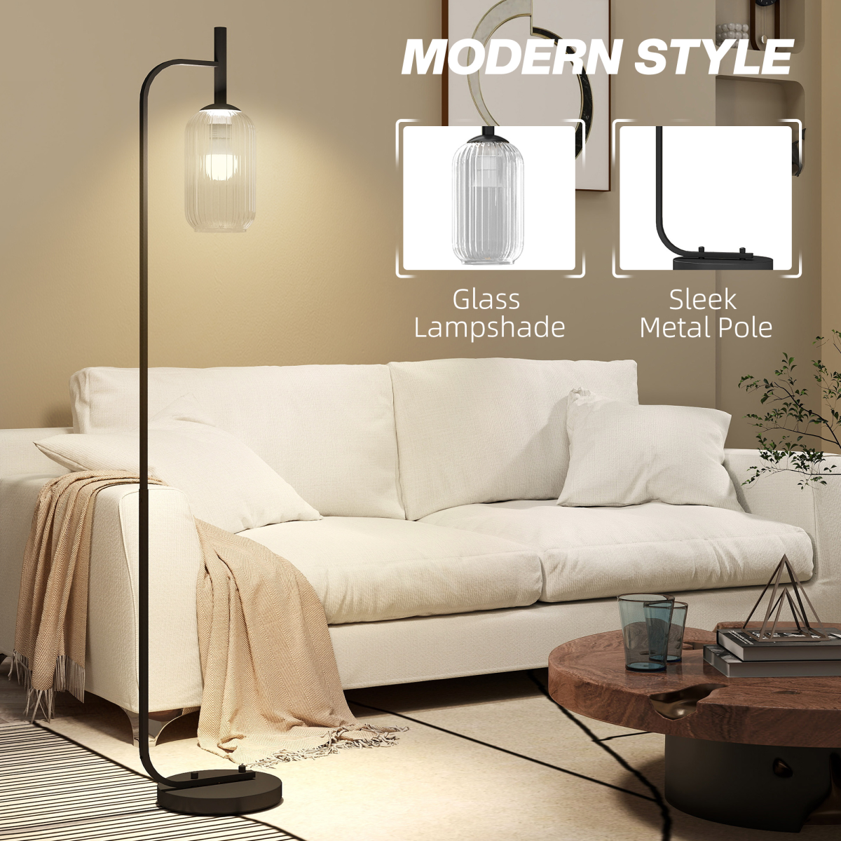 Modern Floor Lamp with Glass Shade & Foot Switch, 150cm, Black