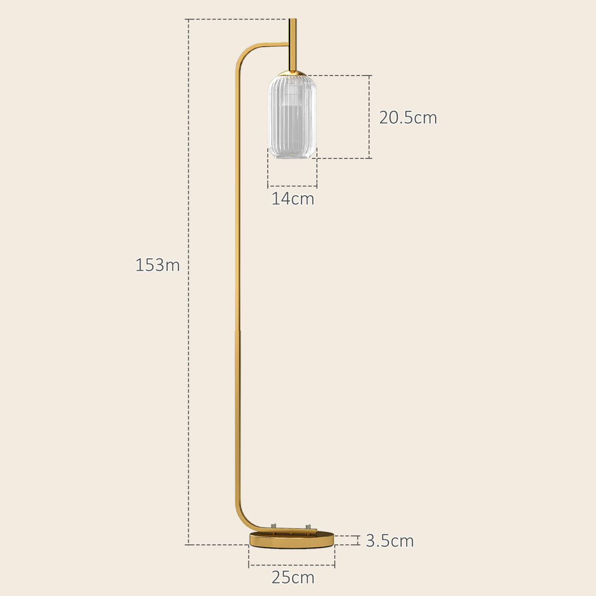 Modern Floor Lamp with Glass Shade & Foot Switch, 150cm, Brass