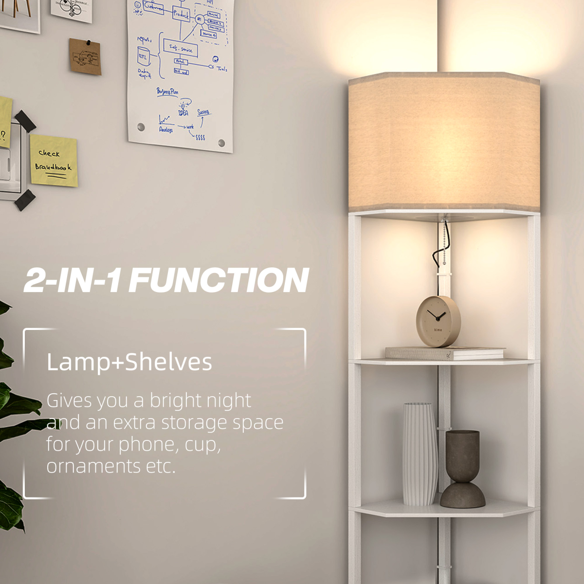 HOMCOM Corner Floor Lamp with Shelves White 4