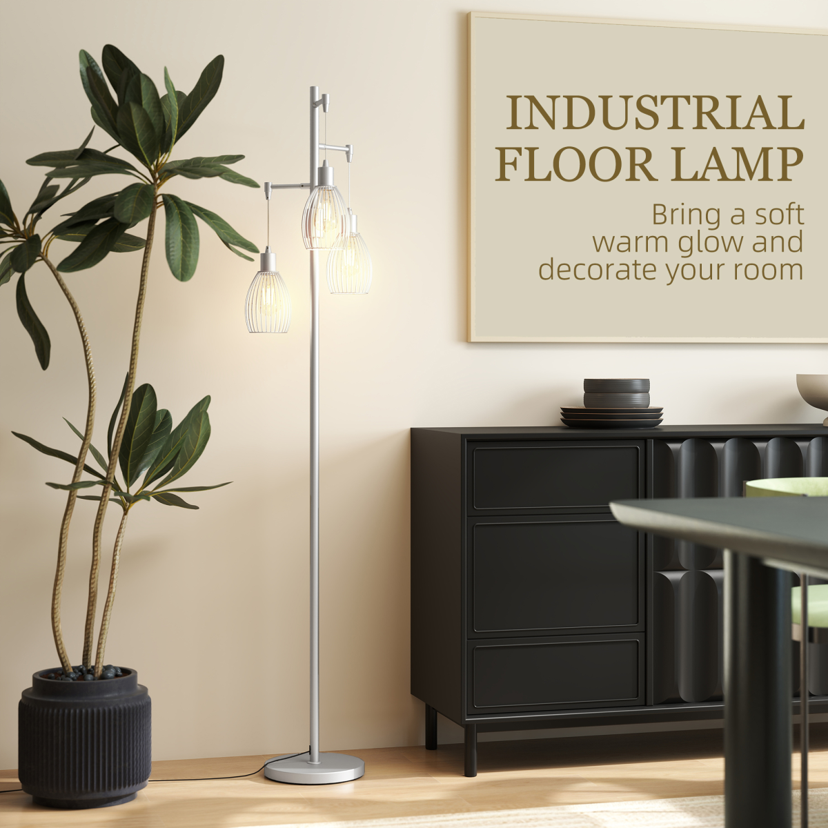 HOMCOM Industrial 3-Light Dimmable Floor Lamp Silver 4