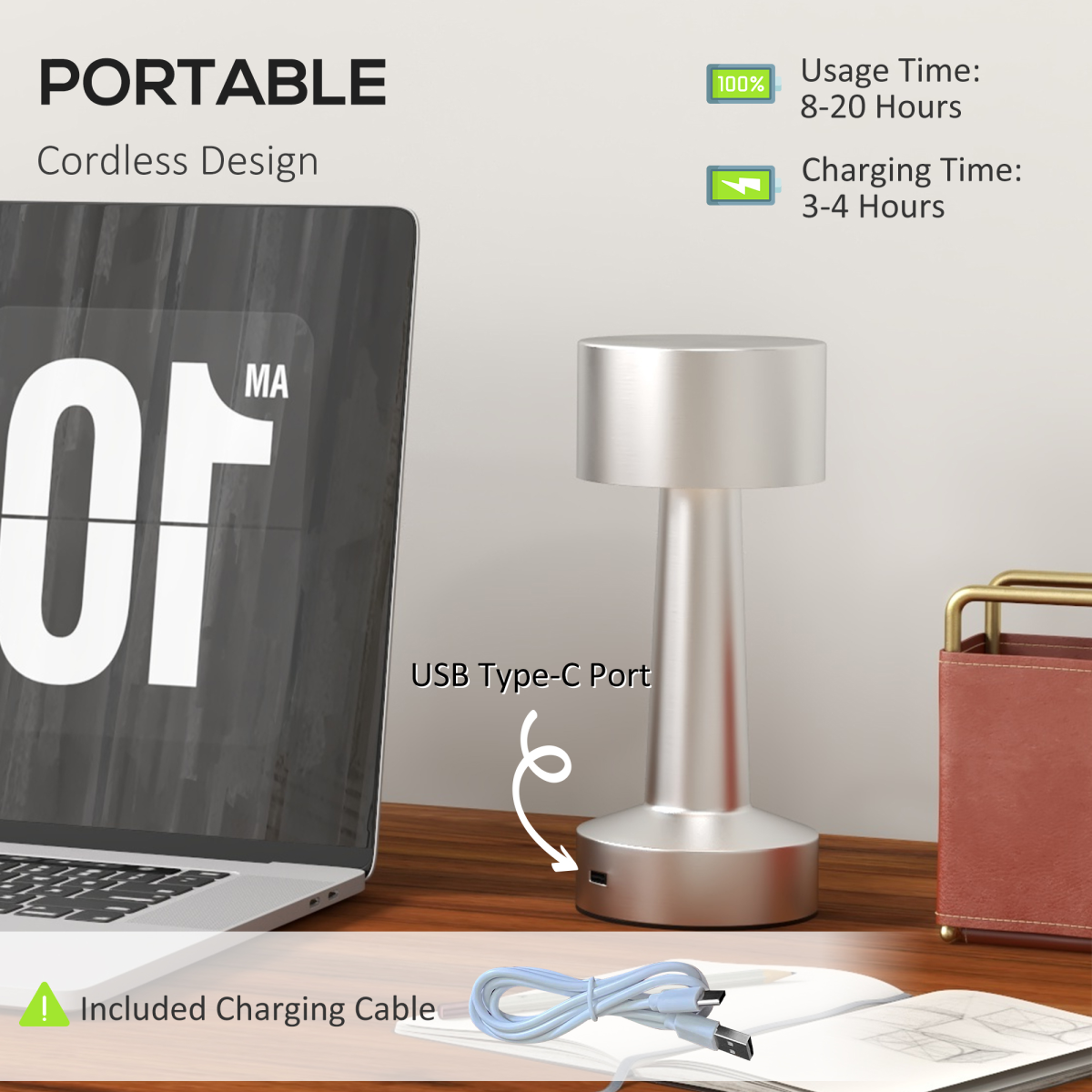 HOMCOM Cordless LED Table Lamp Silver Battery 4