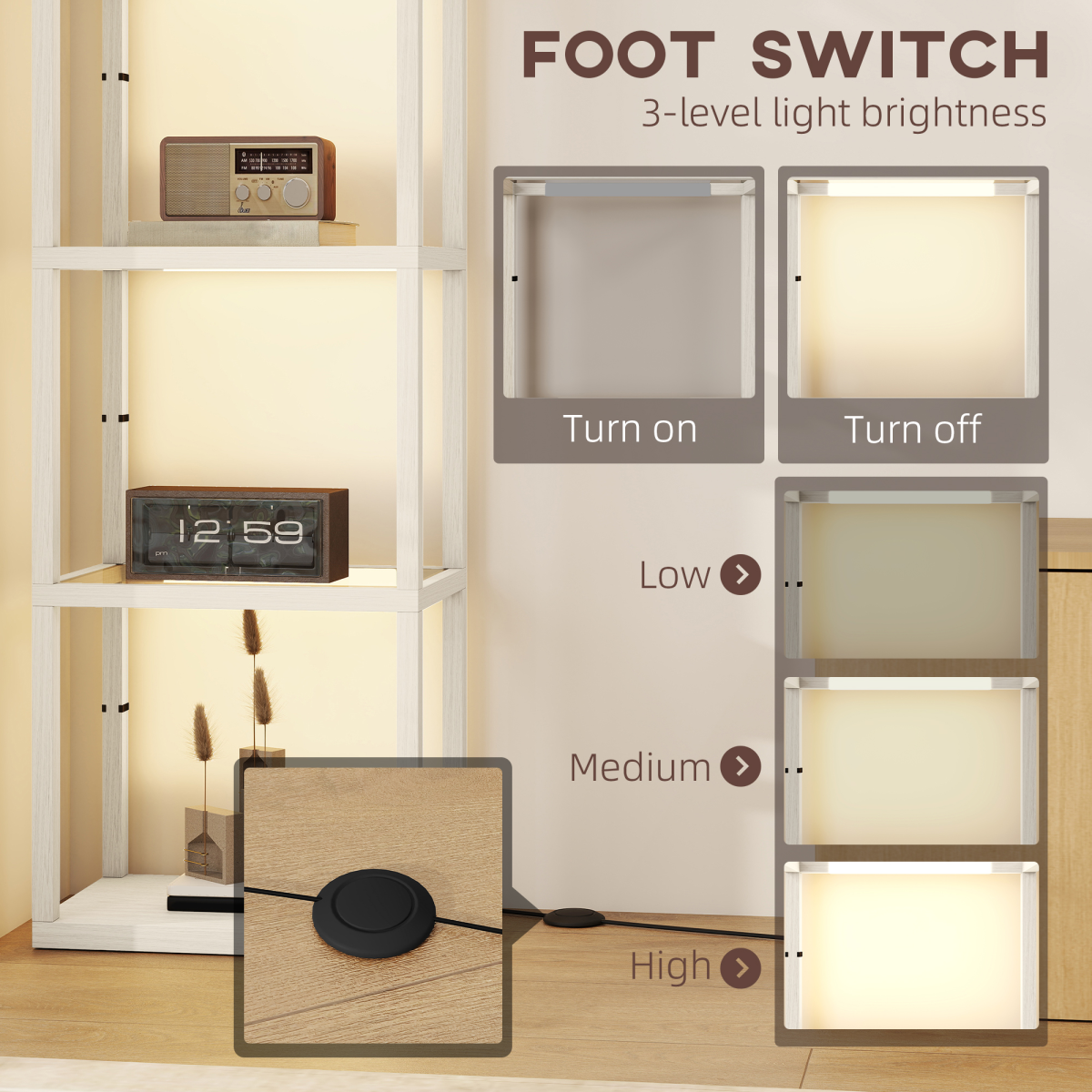 HOMCOM LED Floor Lamp Glass Shelves Dimmable 4