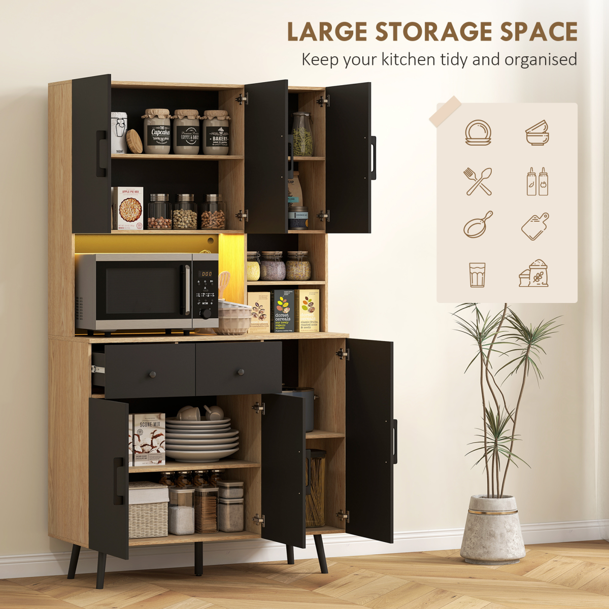 HOMCOM Tall Kitchen Cupboard LED Oak 4