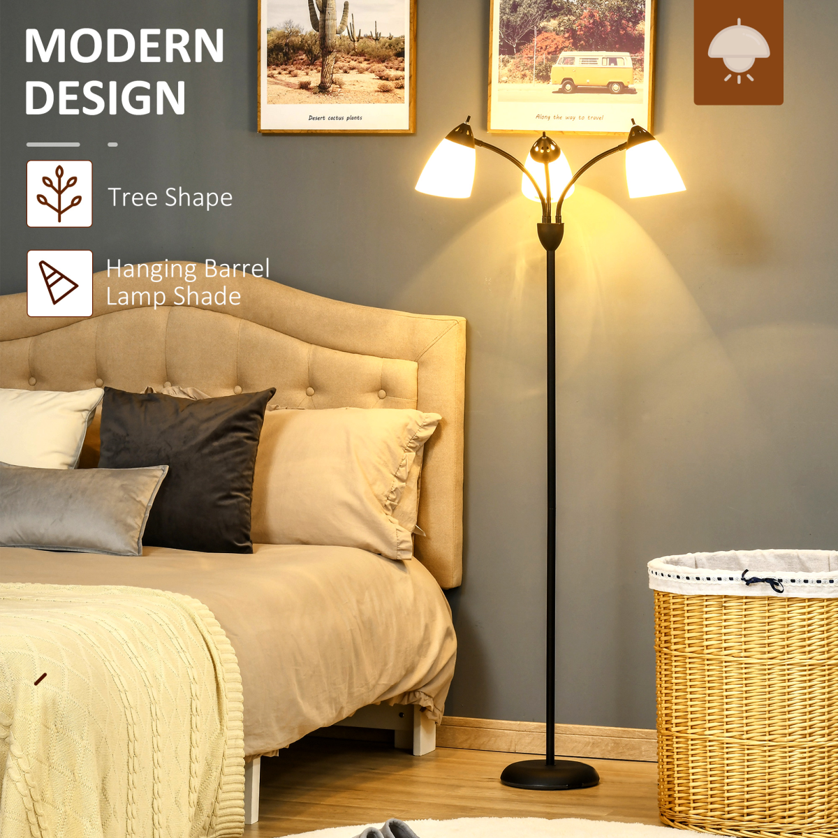 HOMCOM Arc Tree Floor Lamp Black 3 Light 4