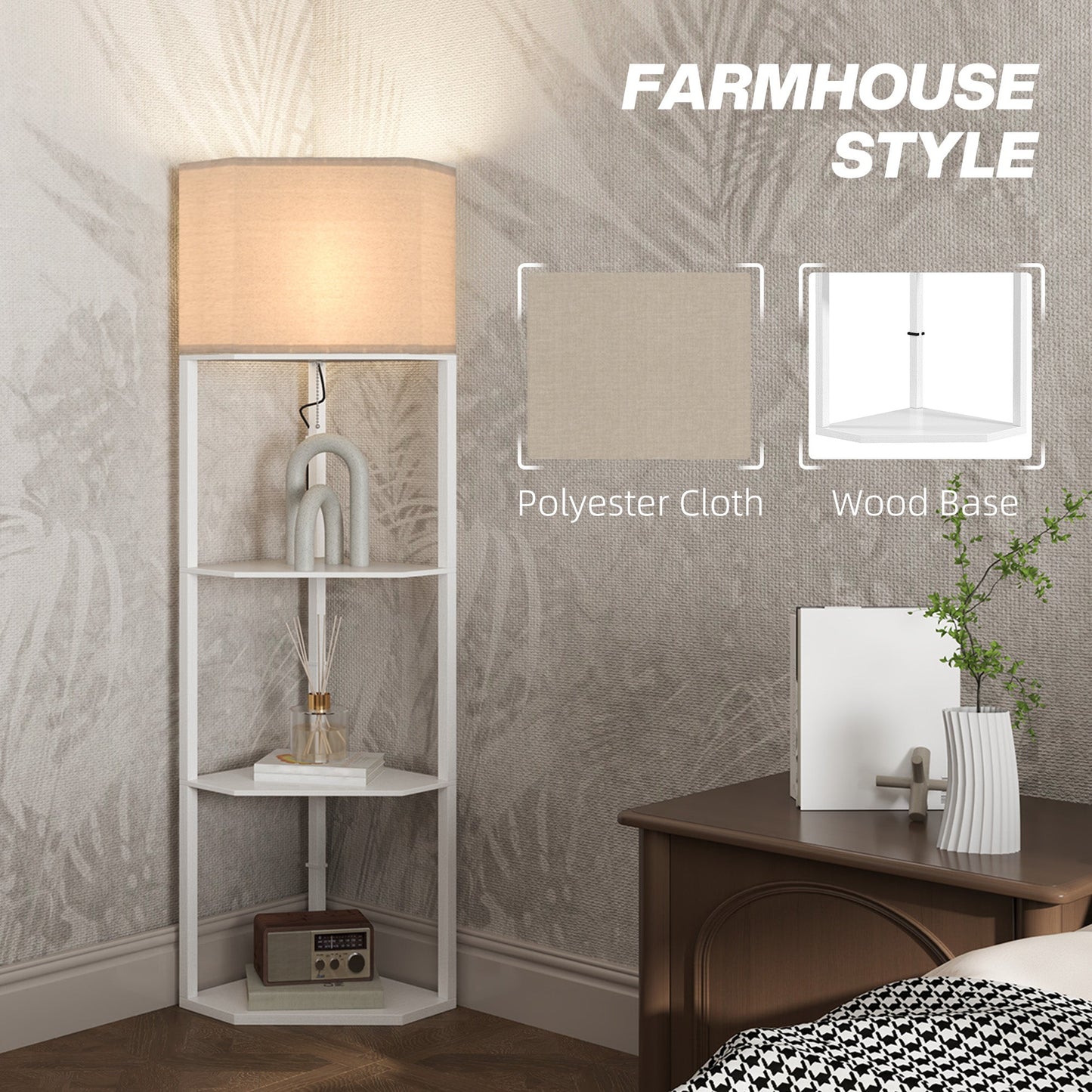 Corner Floor Lamp with 3 Shelves – White, Triangle Design for Living Room & Bedroom