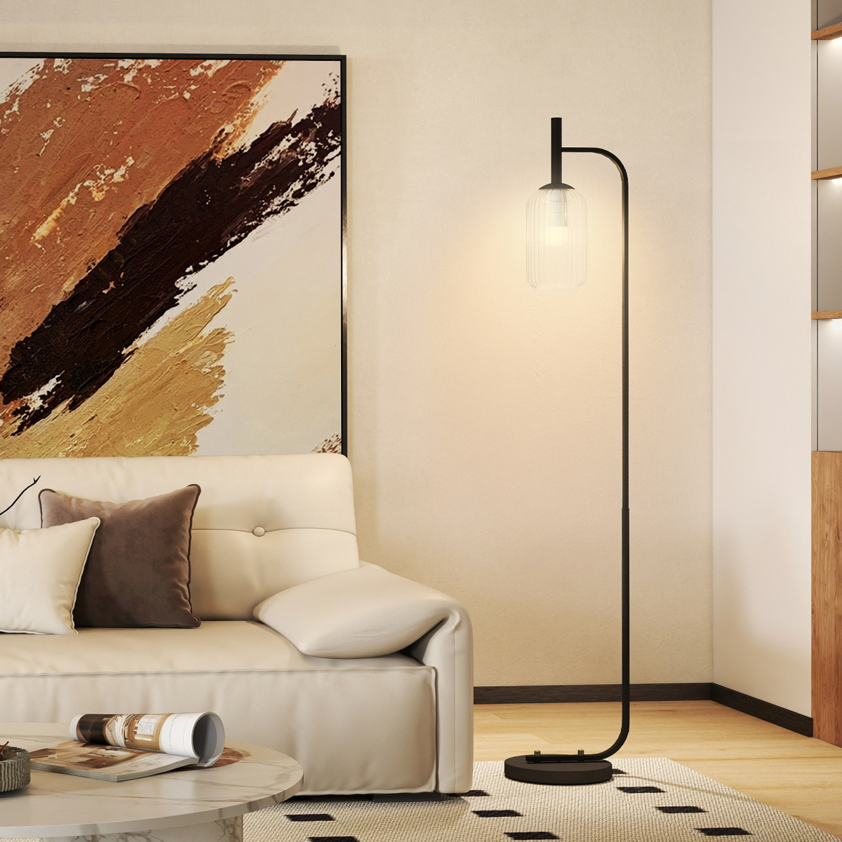 Modern Floor Lamp with Glass Shade & Foot Switch, 150cm, Black