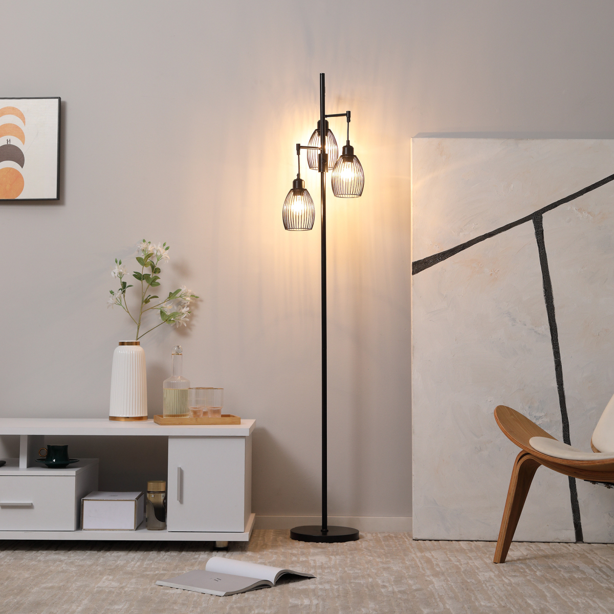 HOMCOM Industrial 3-Light Dimmable Floor Lamp Black 2