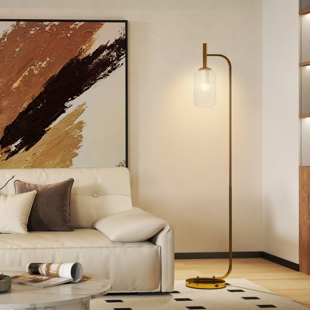 Modern Floor Lamp with Glass Shade & Foot Switch, 150cm, Brass