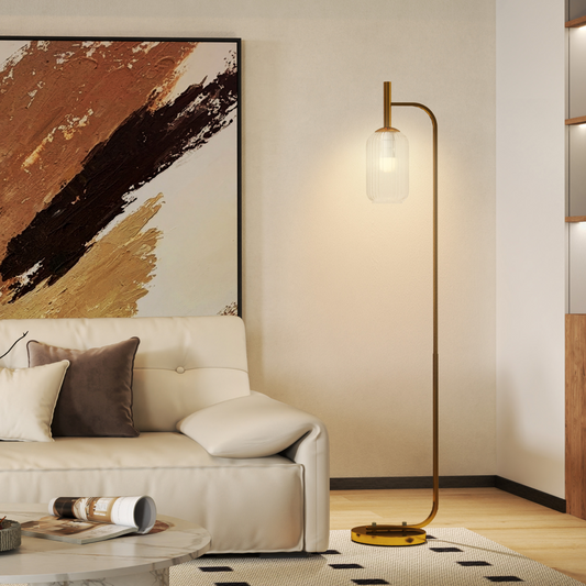 Modern Floor Lamp with Glass Shade & Foot Switch, 150cm, Brass