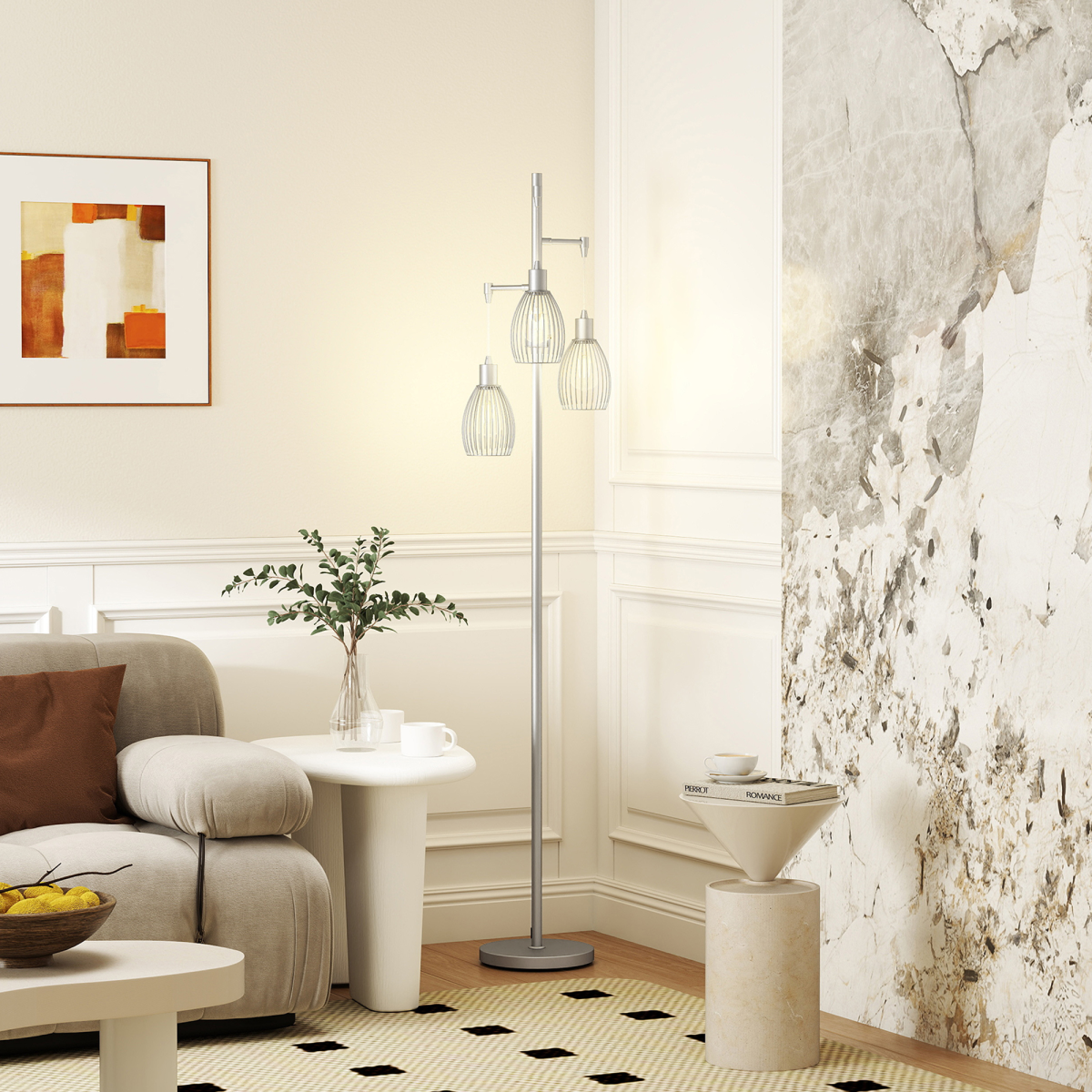 HOMCOM Industrial 3-Light Dimmable Floor Lamp Silver 2
