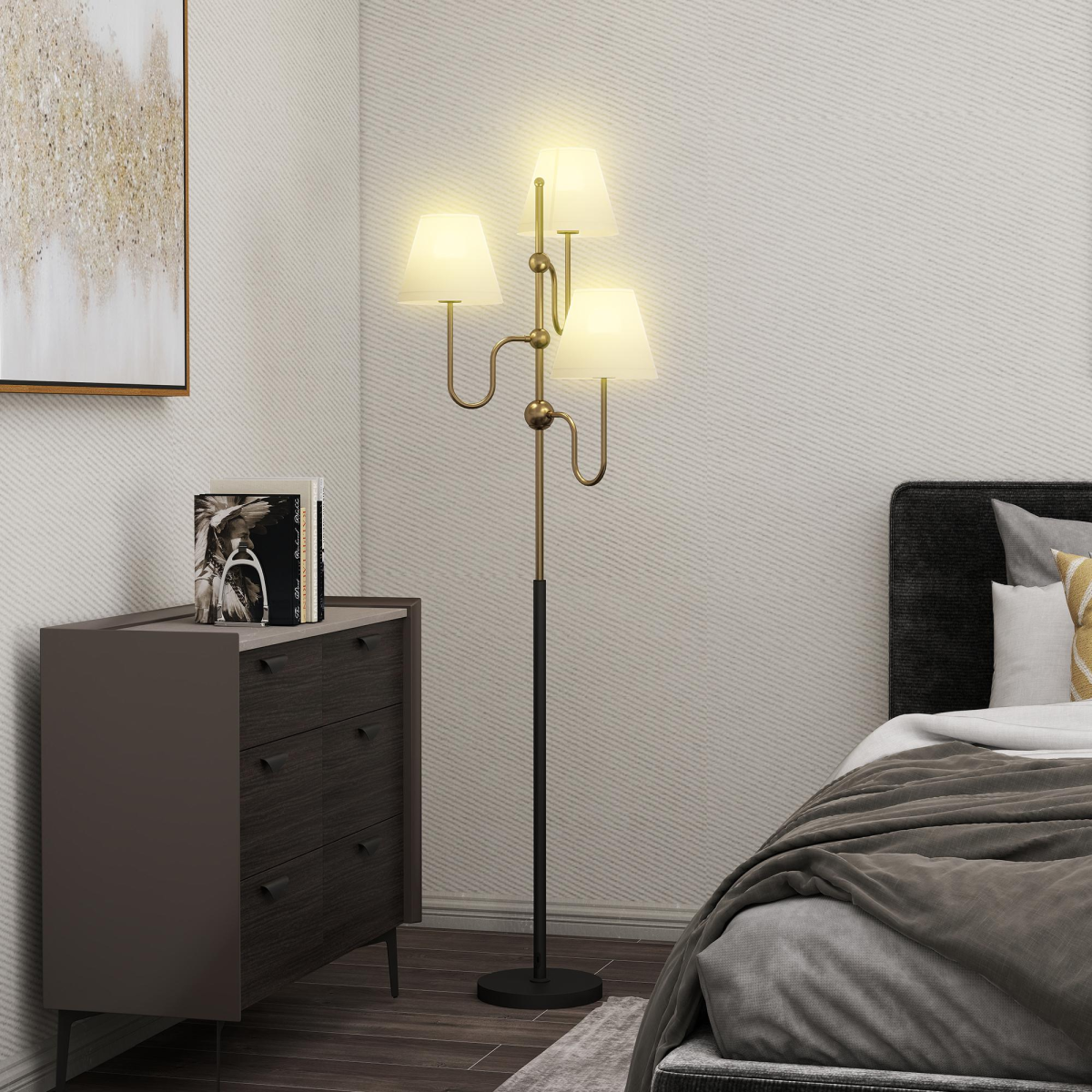 3-Light Floor Lamp, 165cm Standing Lamp with Foot Switch, Black — side view