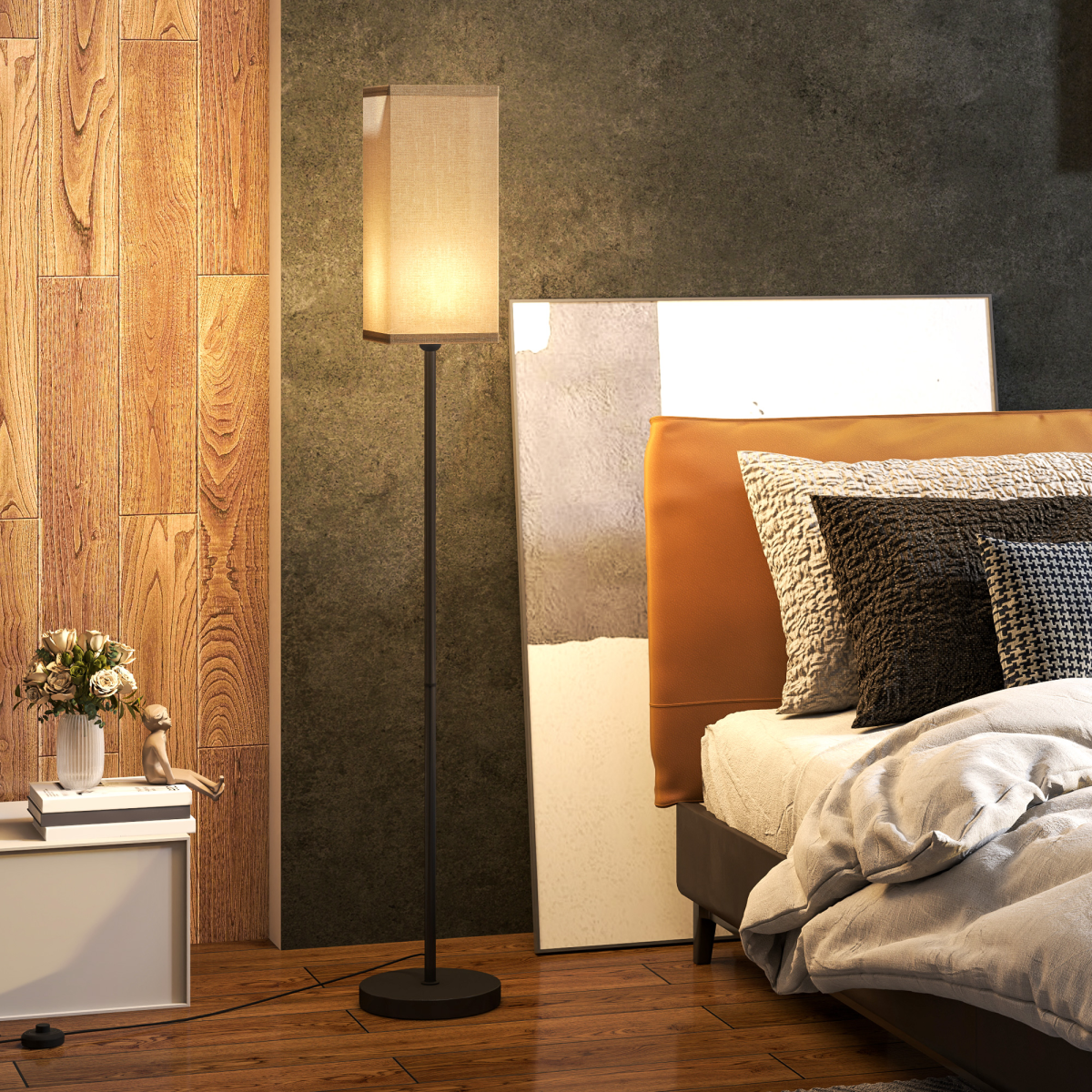 Standing Floor Lamp with Linen Shade, 120cm, Black