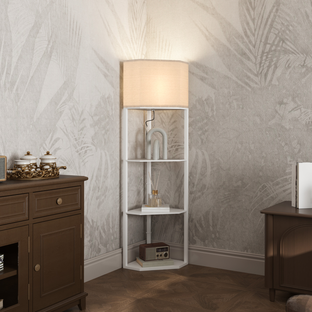 HOMCOM Corner Floor Lamp with Shelves 2