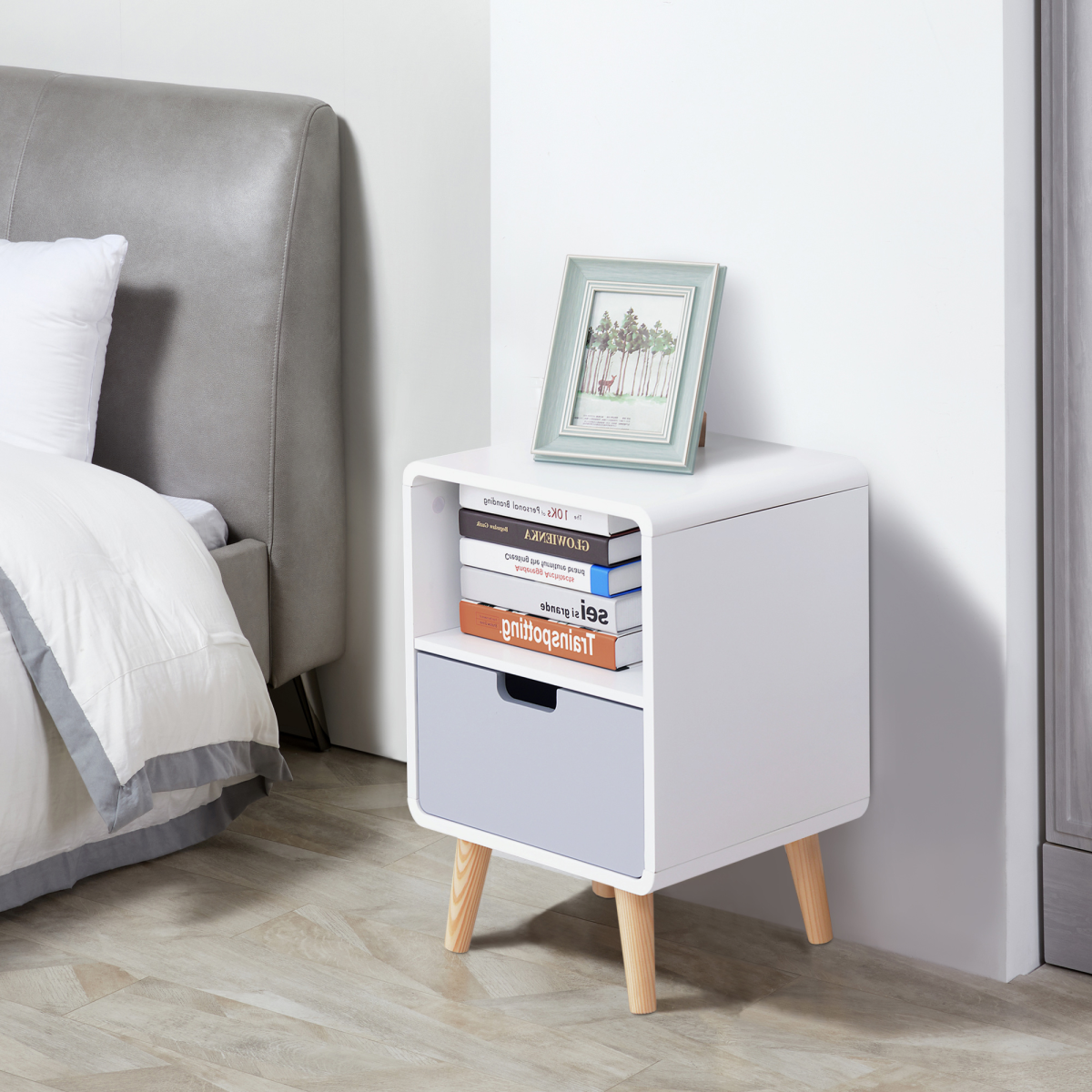 Scandinavian Nordic Bedside Table with Drawer and Open Shelf