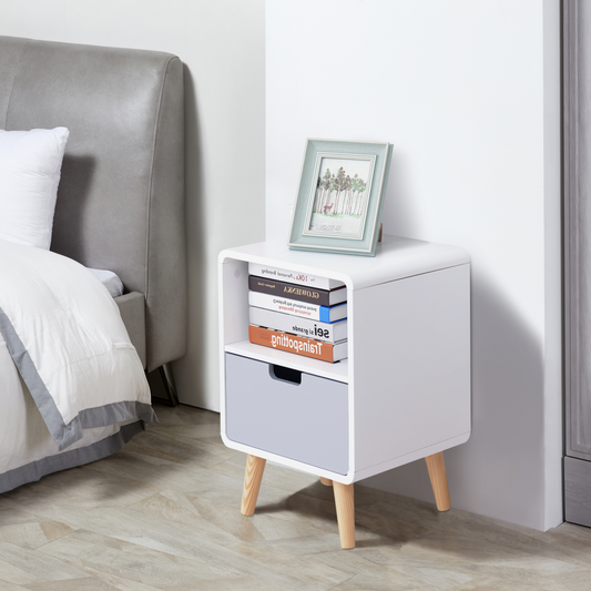 Scandinavian Nordic Bedside Table with Drawer and Open Shelf