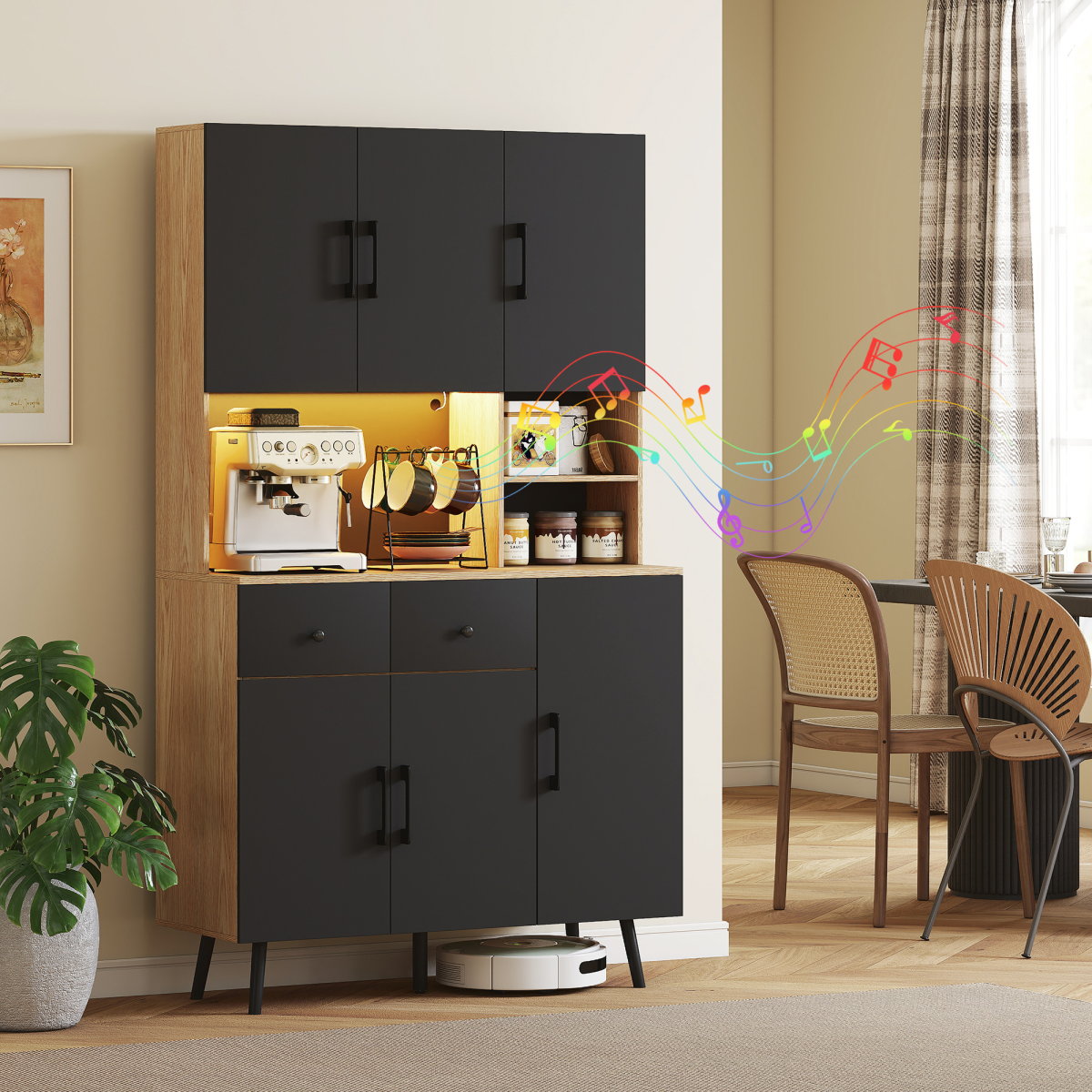 HOMCOM Tall Kitchen Cupboard LED Oak 2