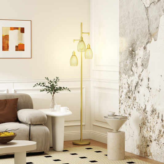 HOMCOM Industrial 3-Light Dimmable Floor Lamp Gold 2