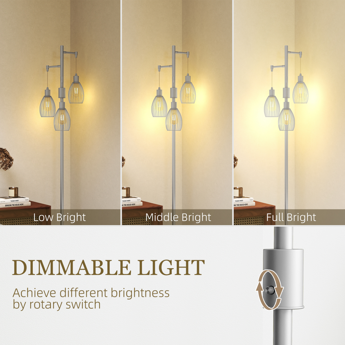 HOMCOM Industrial 3-Light Dimmable Floor Lamp Silver 3