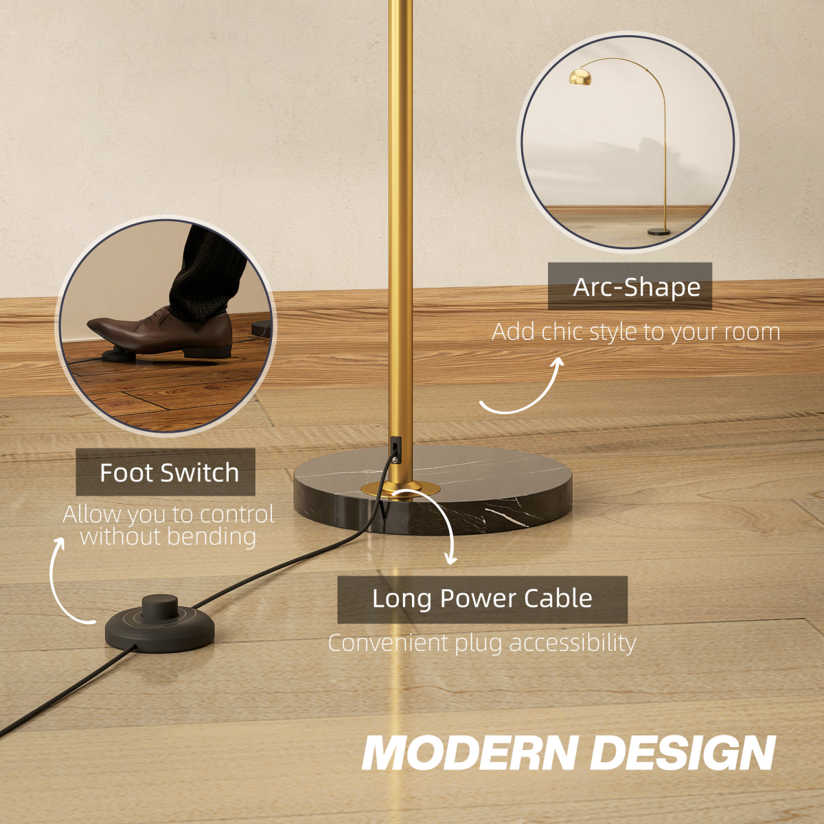 HOMCOM Arc Floor Lamp Gold Tone 3