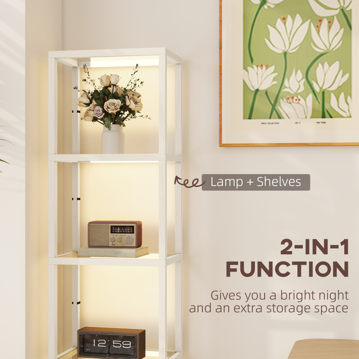 HOMCOM LED Floor Lamp Glass Shelves Dimmable 3