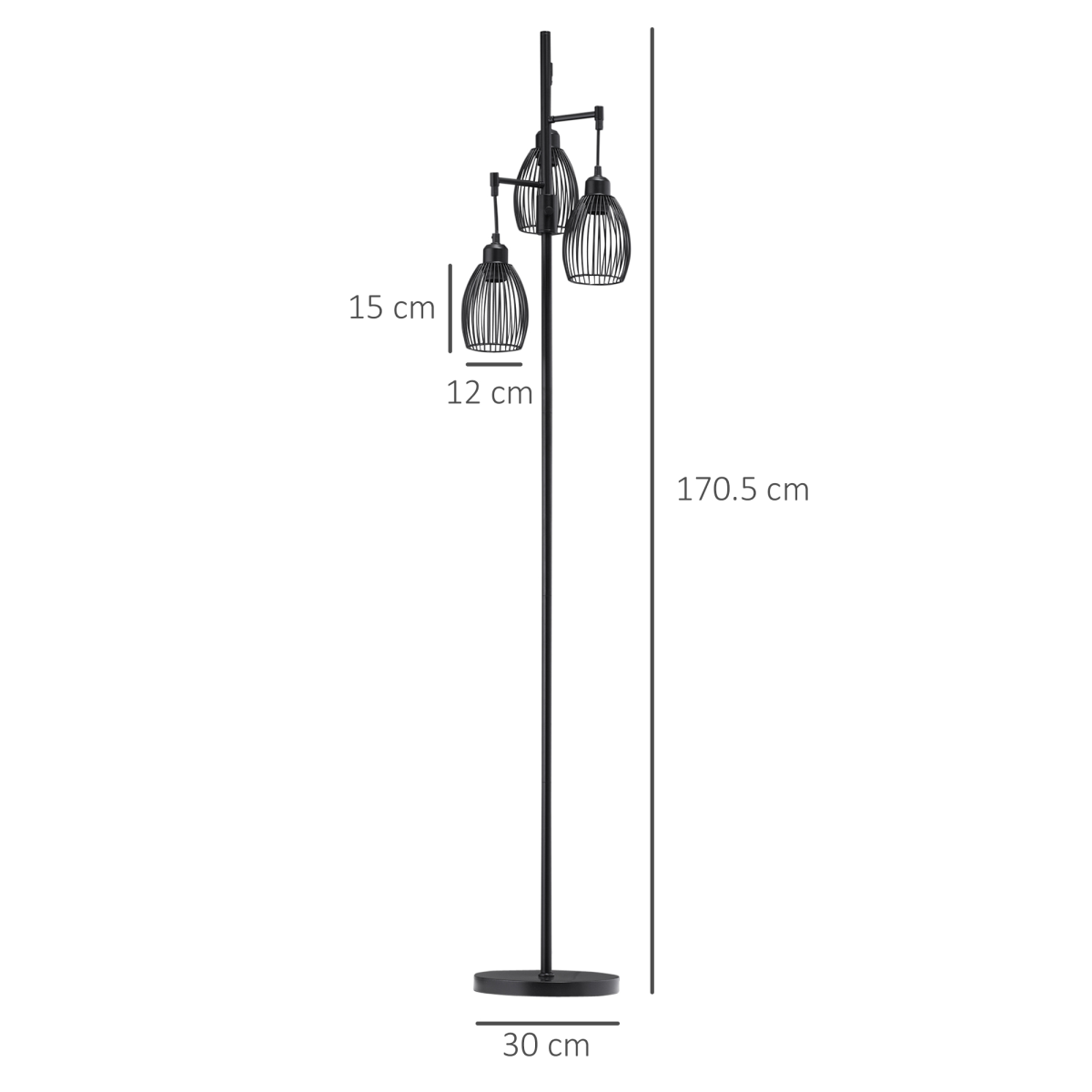 HOMCOM Industrial 3-Light Dimmable Floor Lamp Black 3