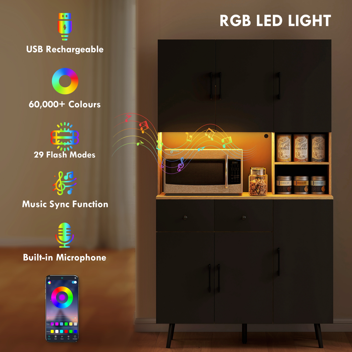 HOMCOM Tall Kitchen Cupboard LED Oak 3