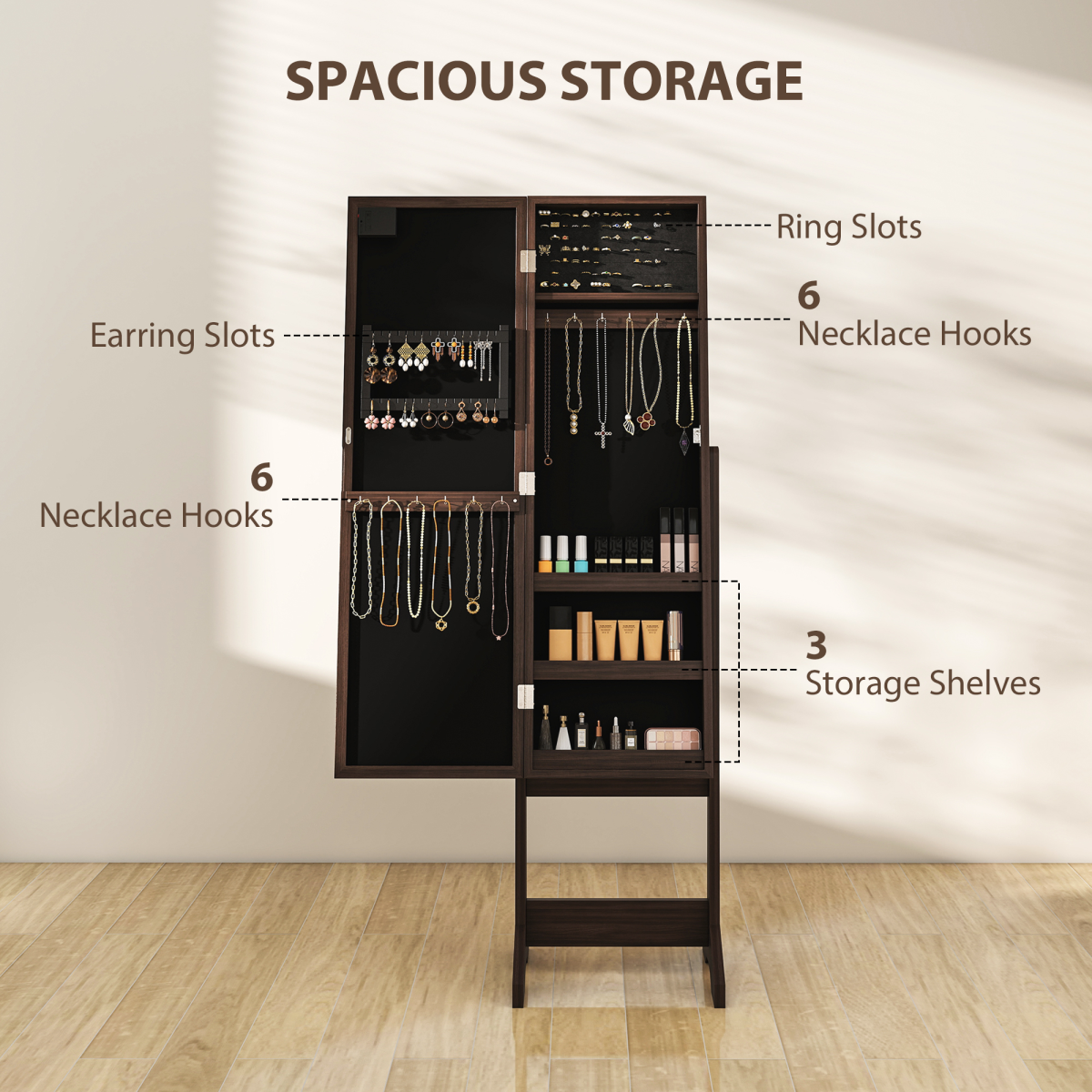 HOMCOM LED Mirrored Jewellery Cabinet 3