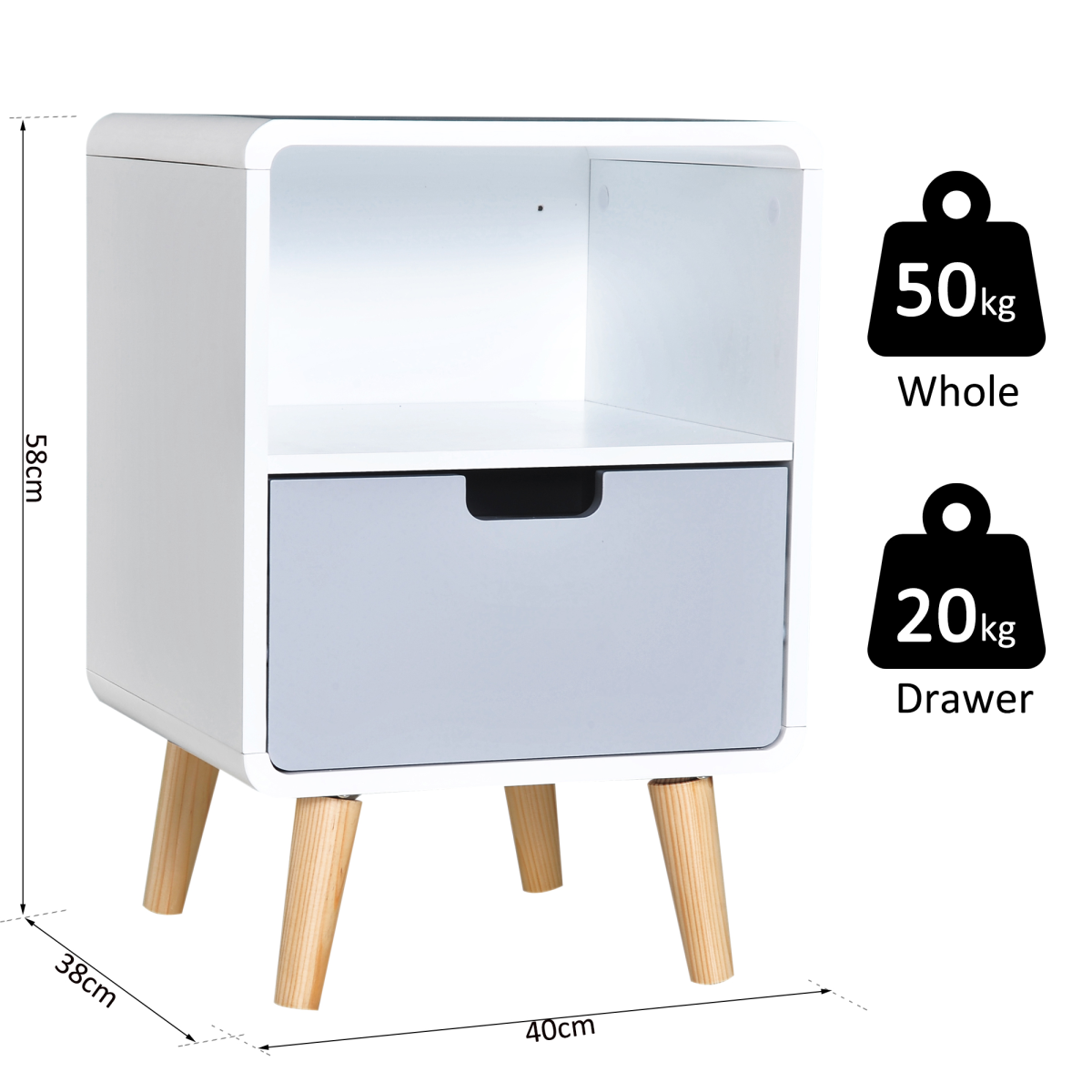 Scandinavian Nordic Bedside Table with Drawer and Open Shelf