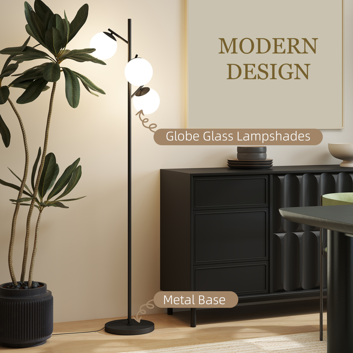 HOMCOM Modern Tree Floor Lamp 3 Heads 3