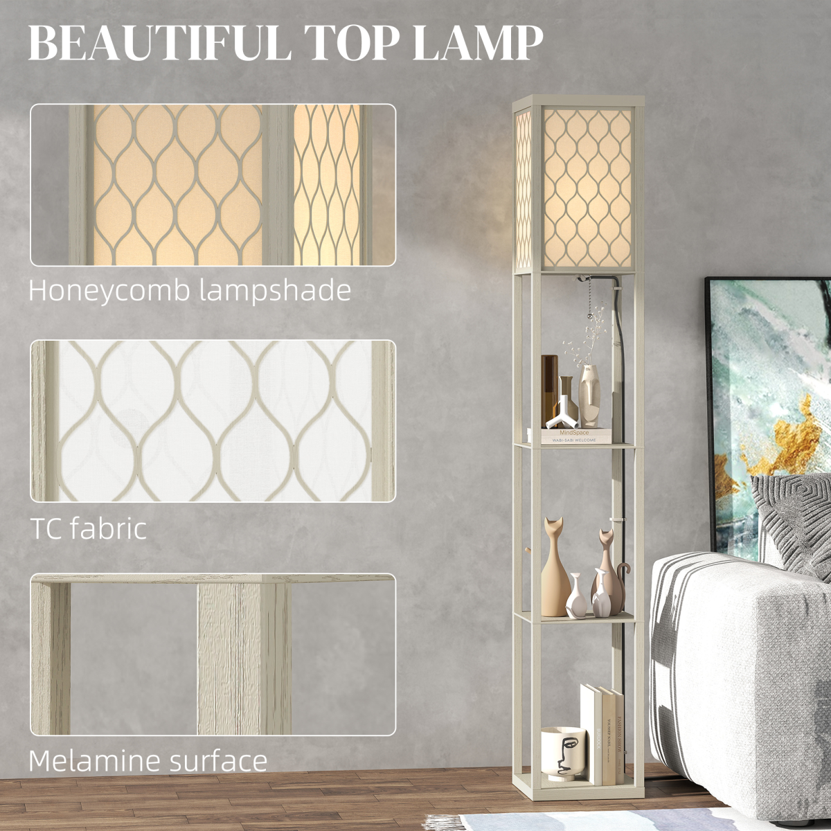 HOMCOM Floor Lamp 3 Shelves Fabric Shade 3