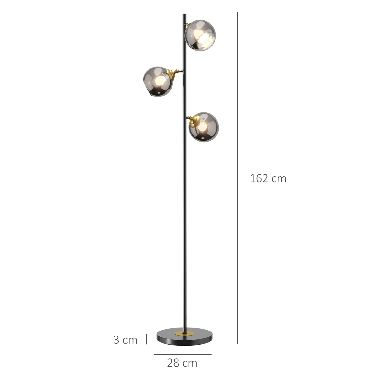 Modern 3-Light Floor Lamp with Glass Globe Shades, 160cm, Black & Gold