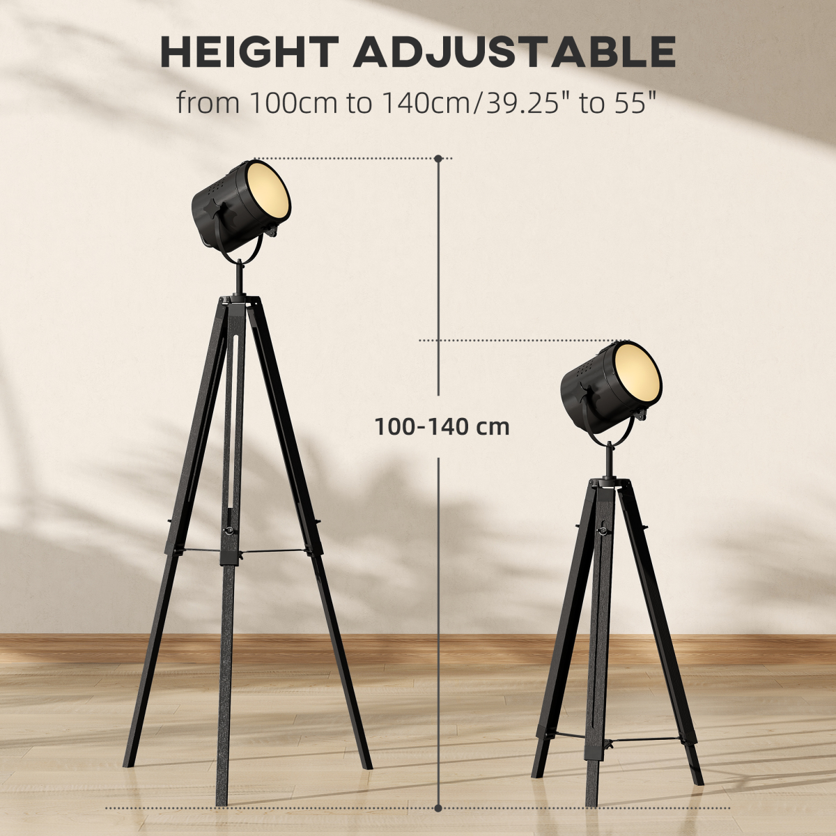 HOMCOM Industrial Tripod Spotlight Black Wood 3