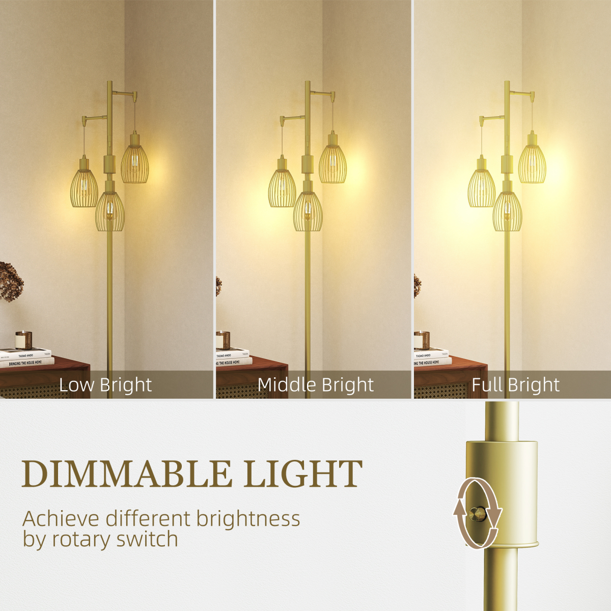 HOMCOM Industrial 3-Light Dimmable Floor Lamp Gold 3