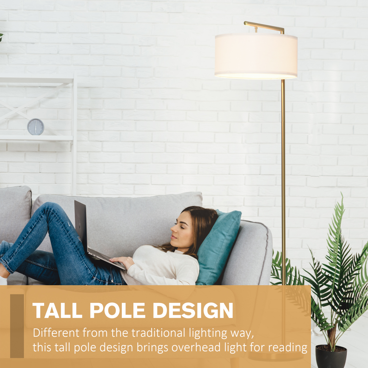 HOMCOM Floor Lamp Linen Shade Round Base 4
