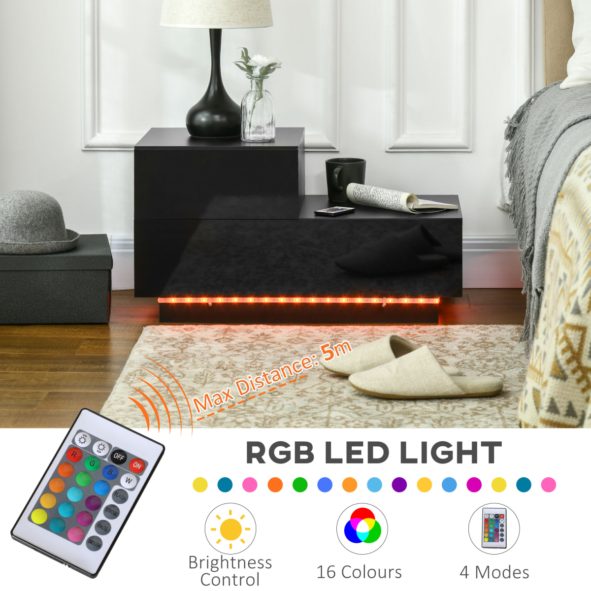 HOMCOM LED Bedside Table Remote Black 4