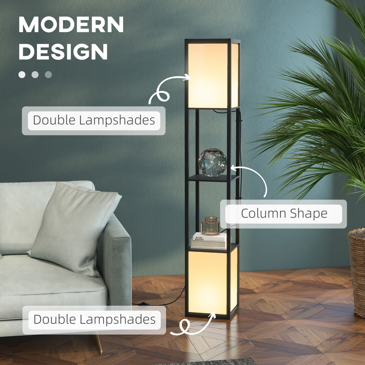 Shelf Floor Lamp with Dual Light & Fabric Shade, 156cm, Black
