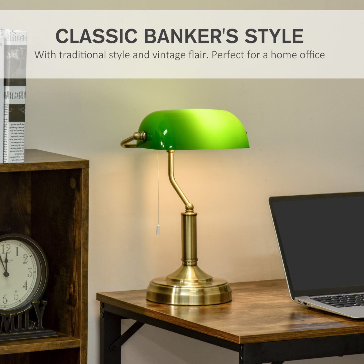 Banker's Table Lamp with Antique Bronze Base & Green Glass Shade