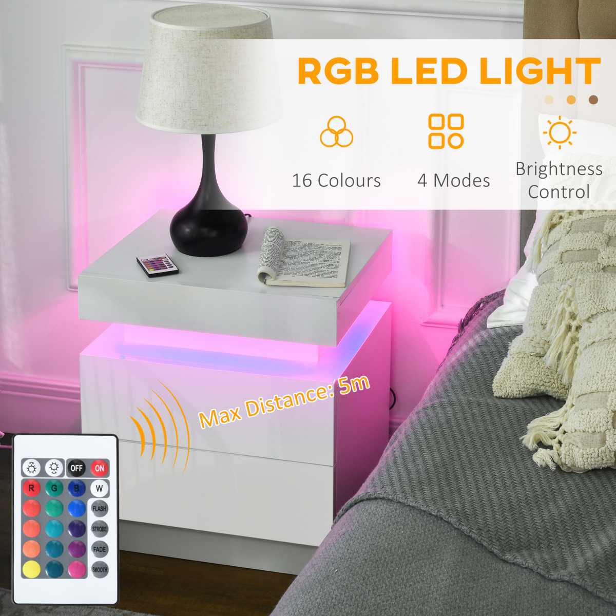 HOMCOM LED Bedside Table 2 Drawers White 4