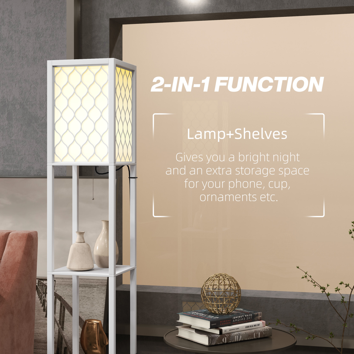 HOMCOM 2-Light Floor Lamp with Shelves White 4