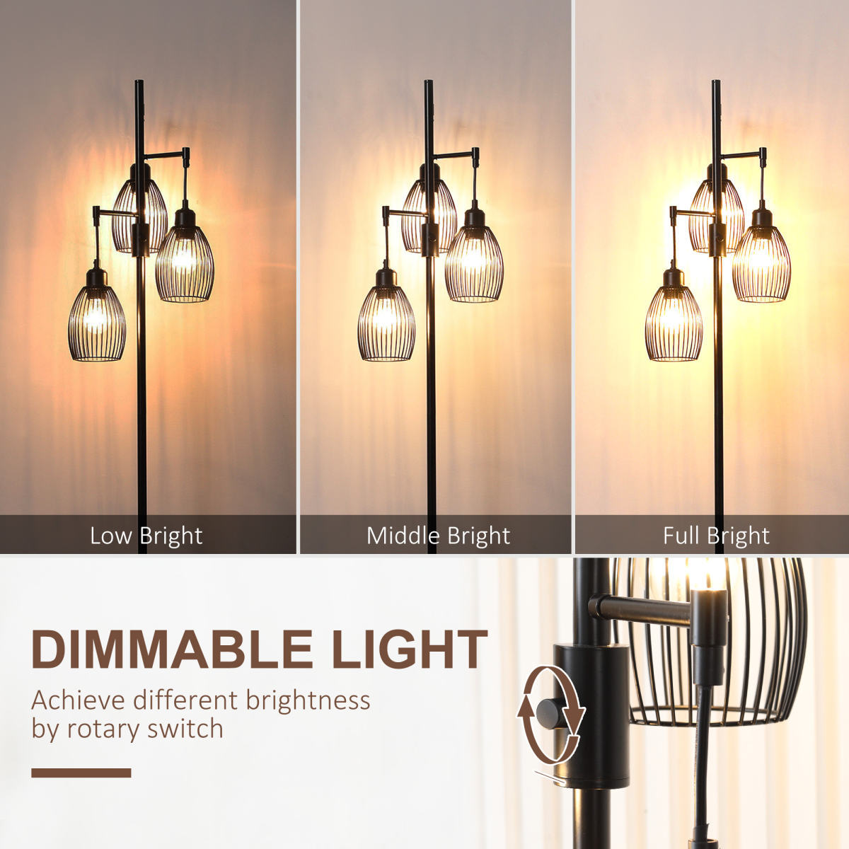 HOMCOM Industrial 3-Light Dimmable Floor Lamp Black 4