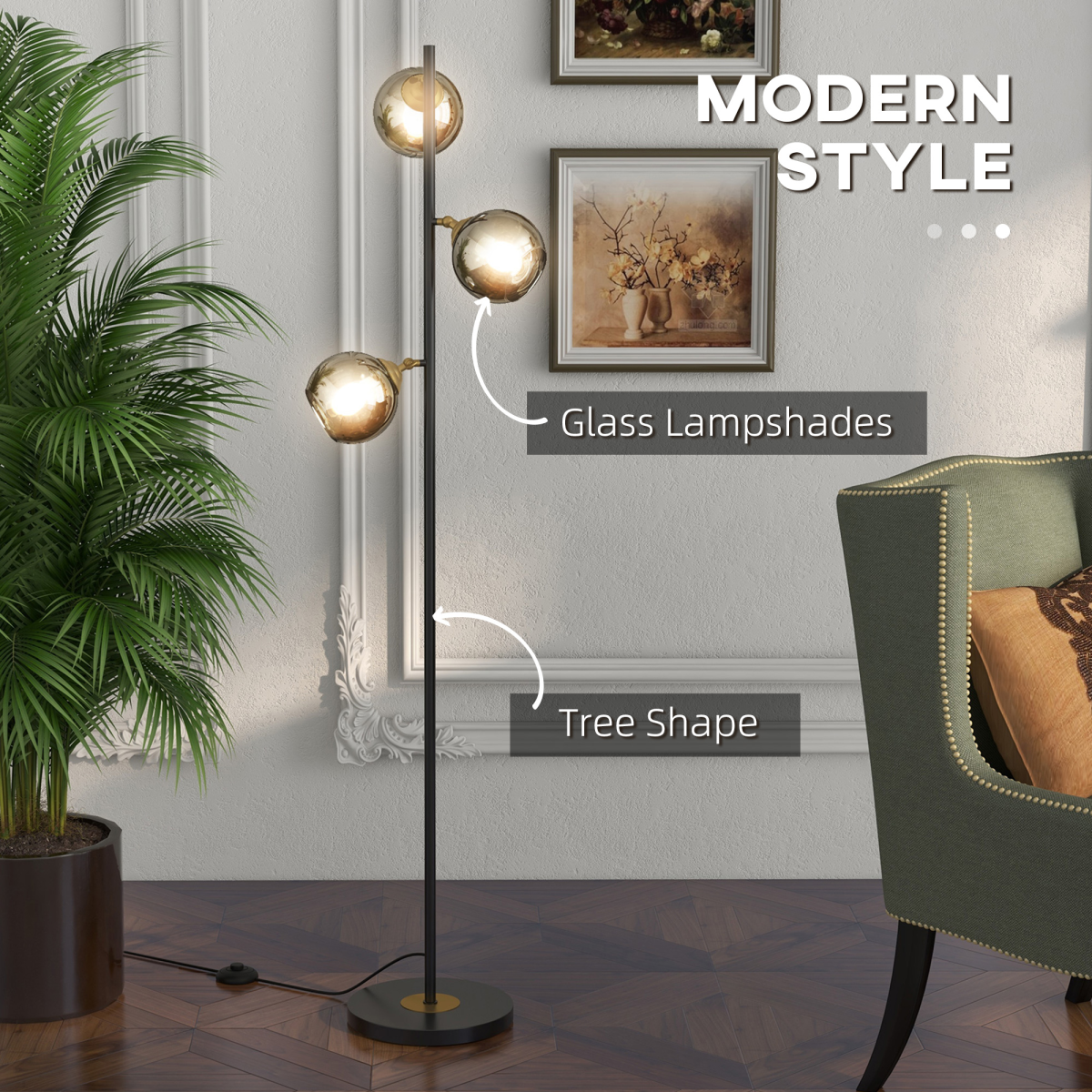 Modern 3-Light Floor Lamp with Glass Globe Shades, 160cm, Black & Gold