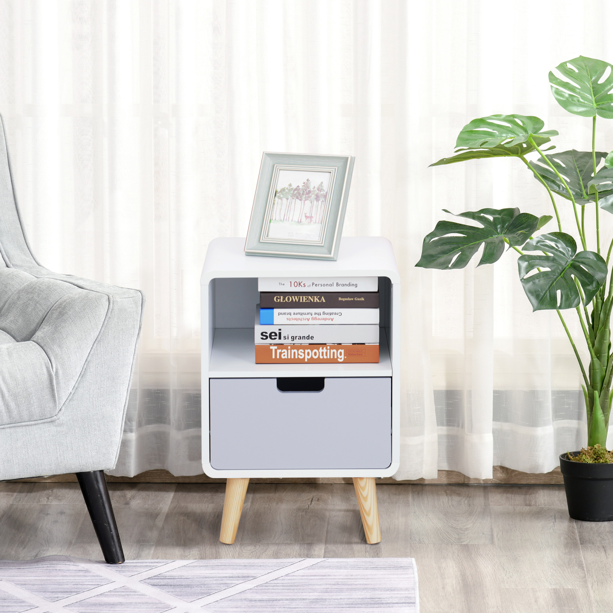 Scandinavian Nordic Bedside Table with Drawer and Open Shelf