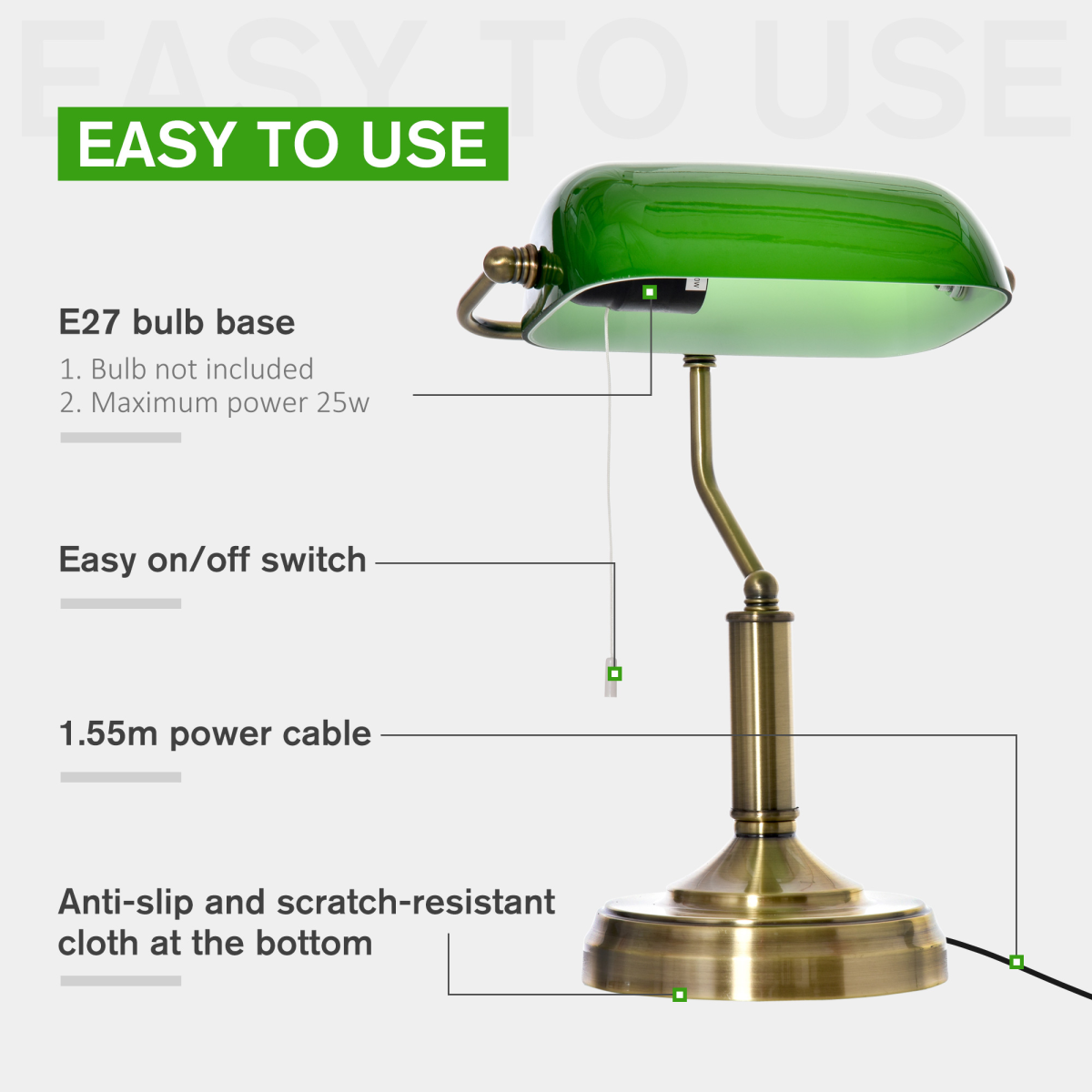 Banker's Table Lamp with Antique Bronze Base & Green Glass Shade