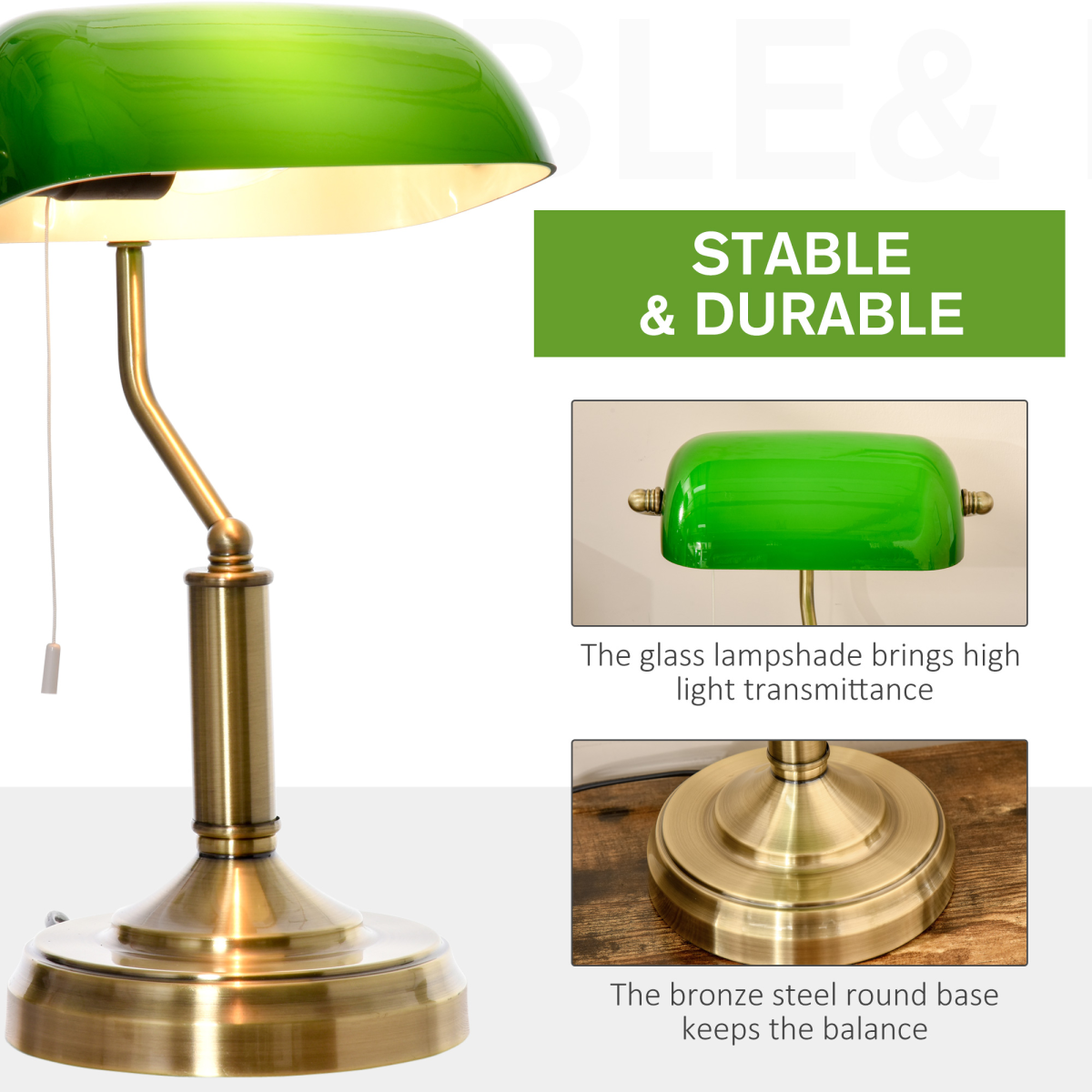 Banker's Table Lamp with Antique Bronze Base & Green Glass Shade
