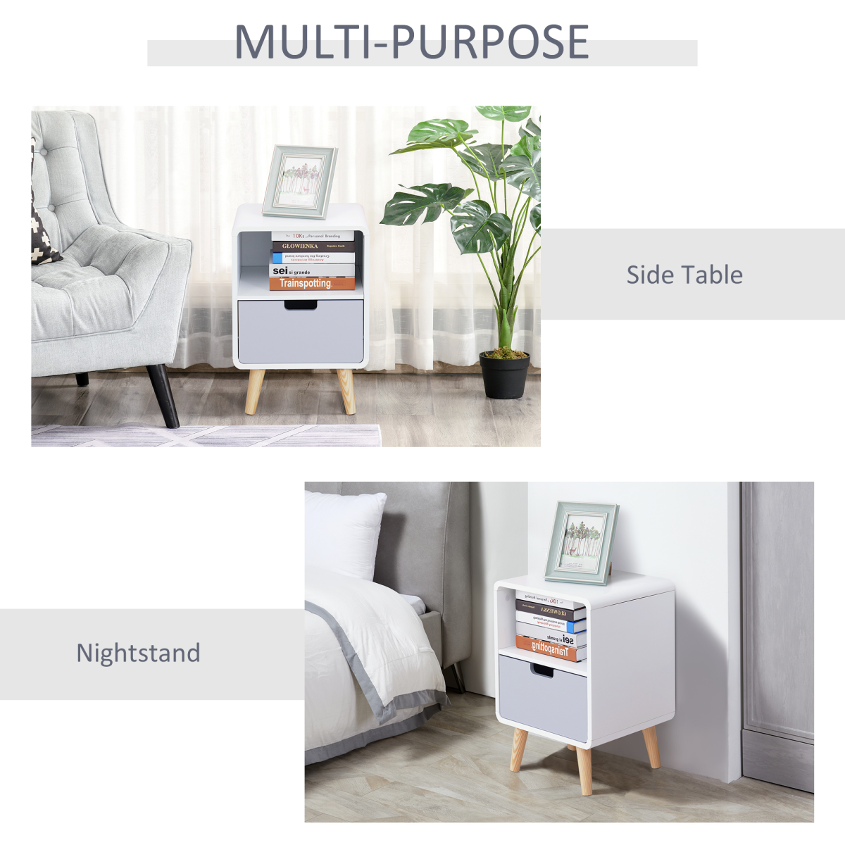 Scandinavian Nordic Bedside Table with Drawer and Open Shelf