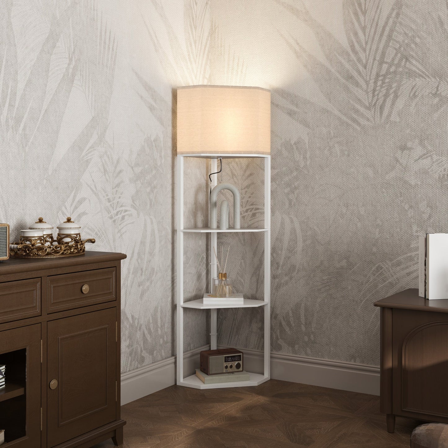 Corner Floor Lamp with 3 Shelves – White, Triangle Design for Living Room & Bedroom